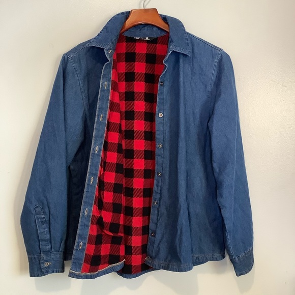 Riders Women's Blue Button Up Buffalo Plaid Fleece Lining Size Med Cotton Shirt - Picture 3 of 8